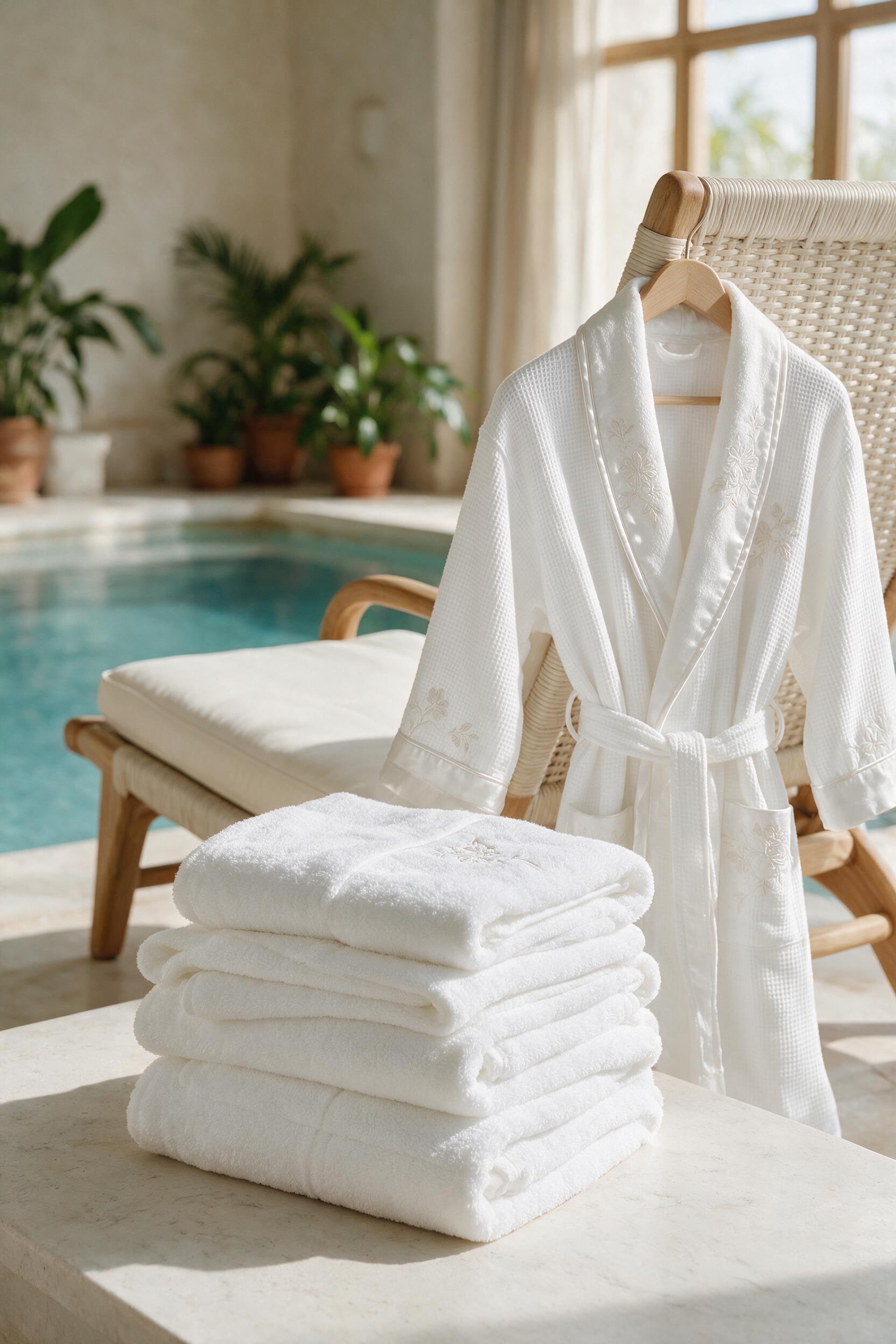 Architectural hotel hammam with a rust bathrobe and blue and cream bath towels