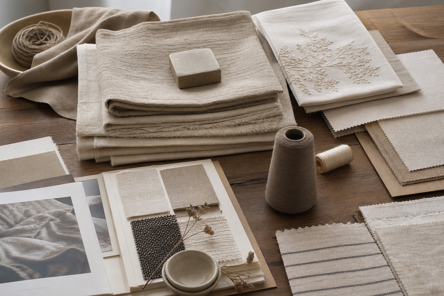 Fabric swatches and linen samples on a quiet atelier table