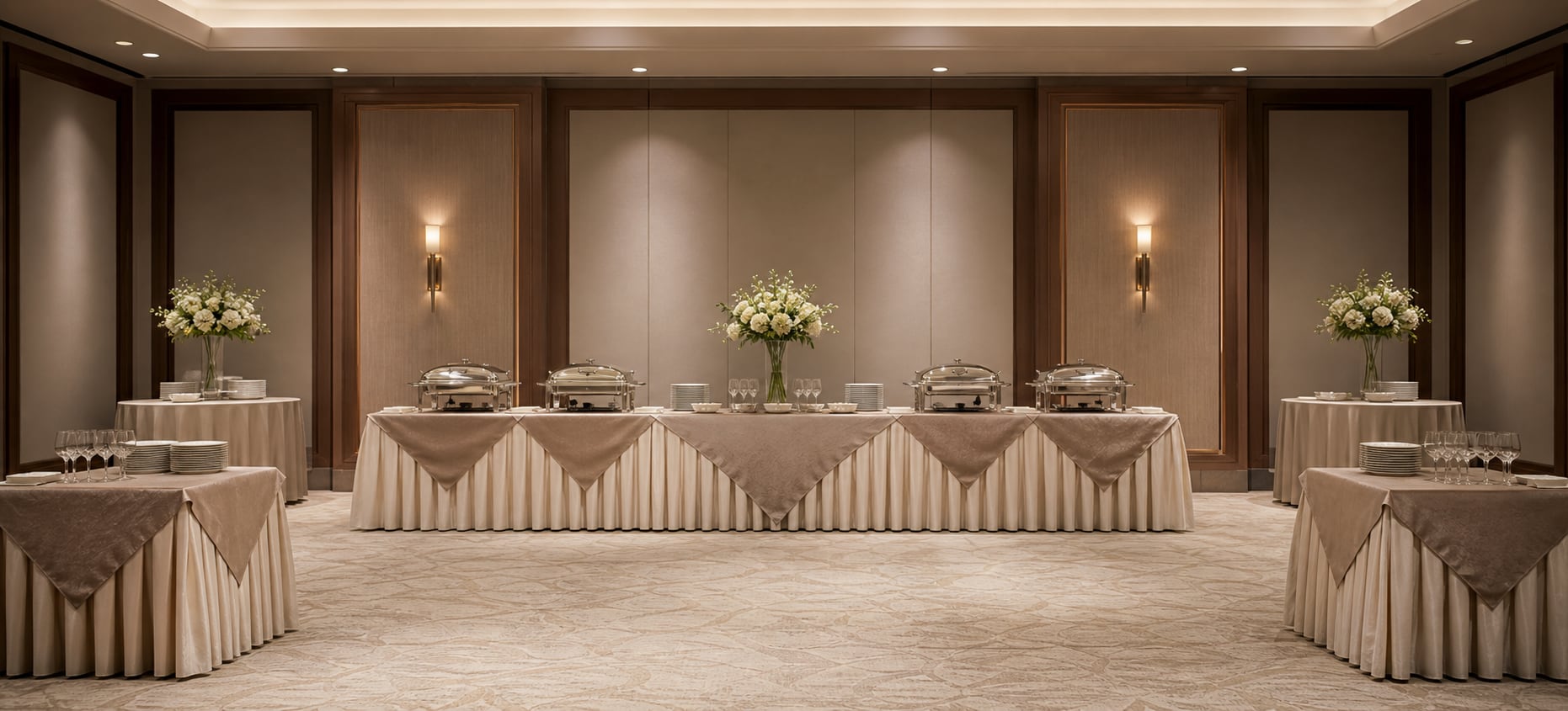 Banquet room prepared with repeated hospitality table-linen settings.