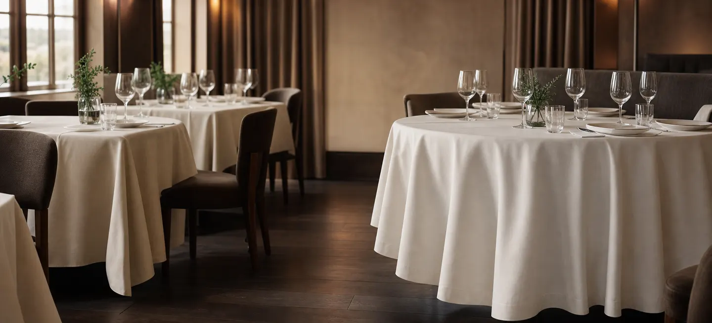 White tablecloths draped over round tables in a warmly lit restaurant dining room