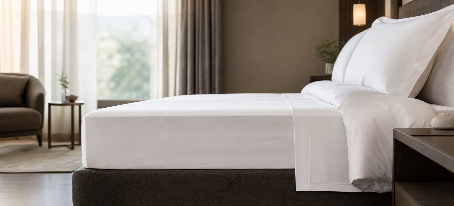 Hotel guest room prepared with hospitality bed linen in natural light.