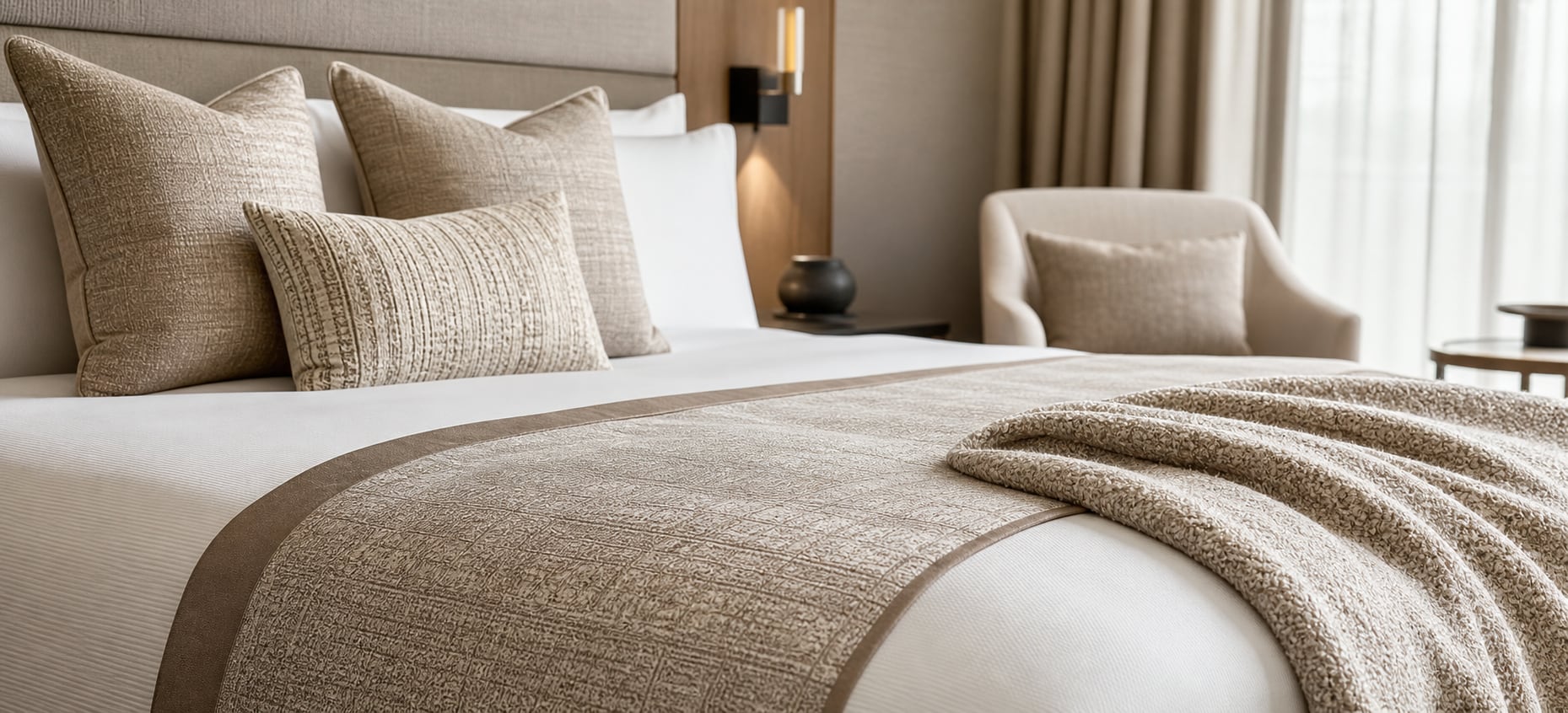 Refined suite bedroom arranged with layered decorative and bed textiles.