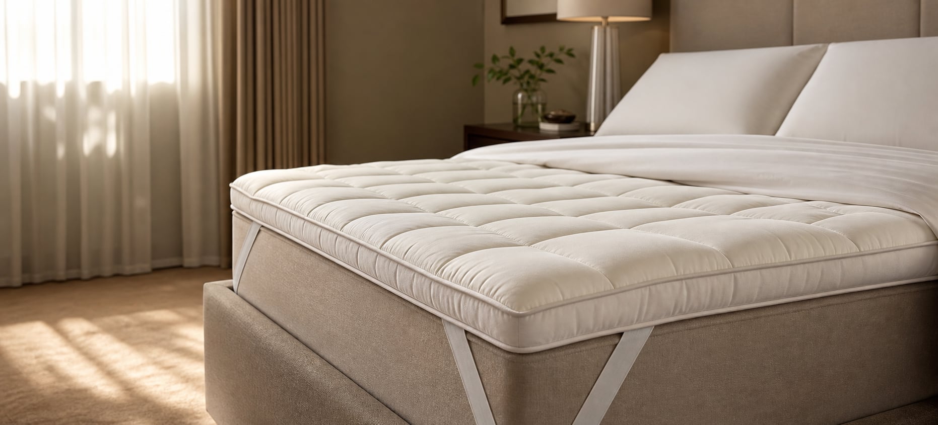Serviced-residence bedroom prepared with layered hospitality bedding.