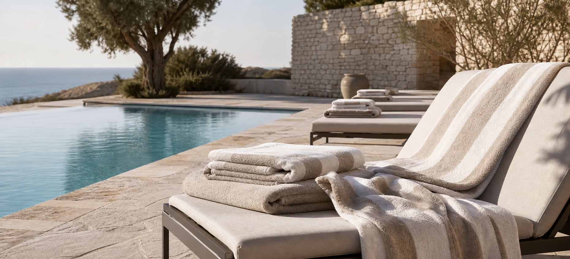Poolside loungers arranged with hospitality pool and beach towels.