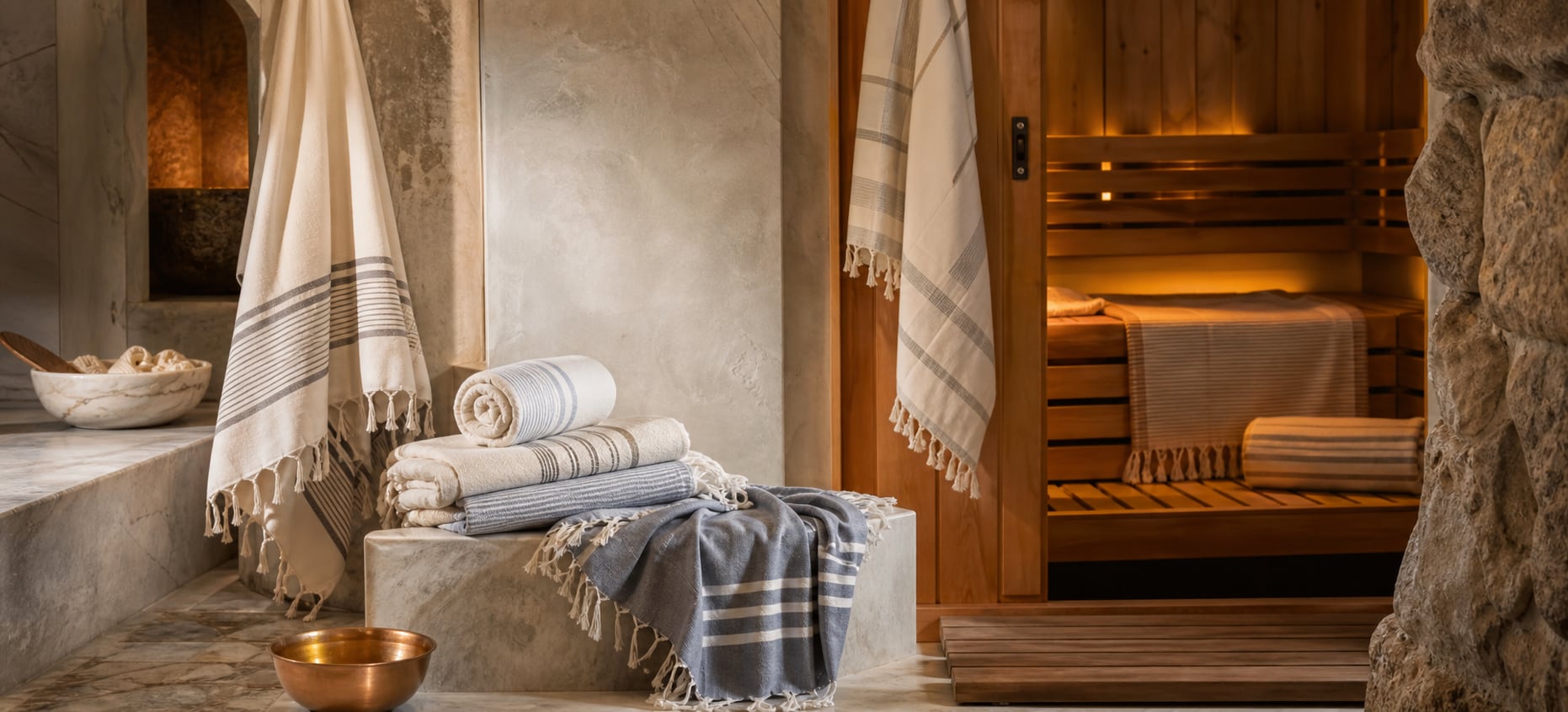 Hammam and sauna area arranged with wraps and thermal-area towels.