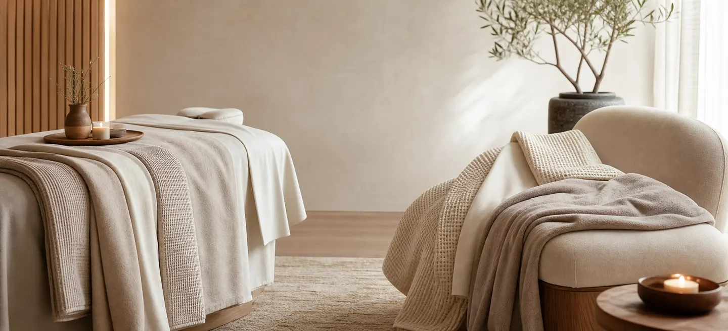 Folded spa blankets prepared beside a massage table in a calm treatment room