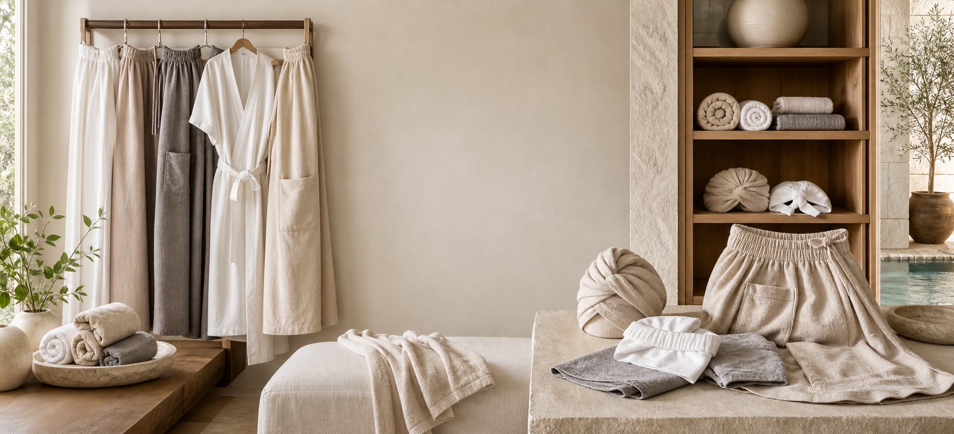 Professional wellness changing area prepared with robes and spa wear.