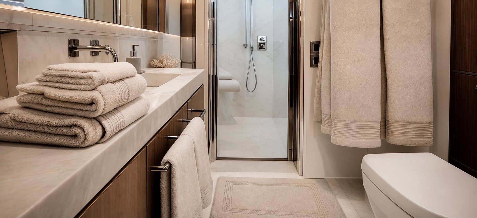 Yacht bathroom prepared with coordinated cabin towels and bath linen.