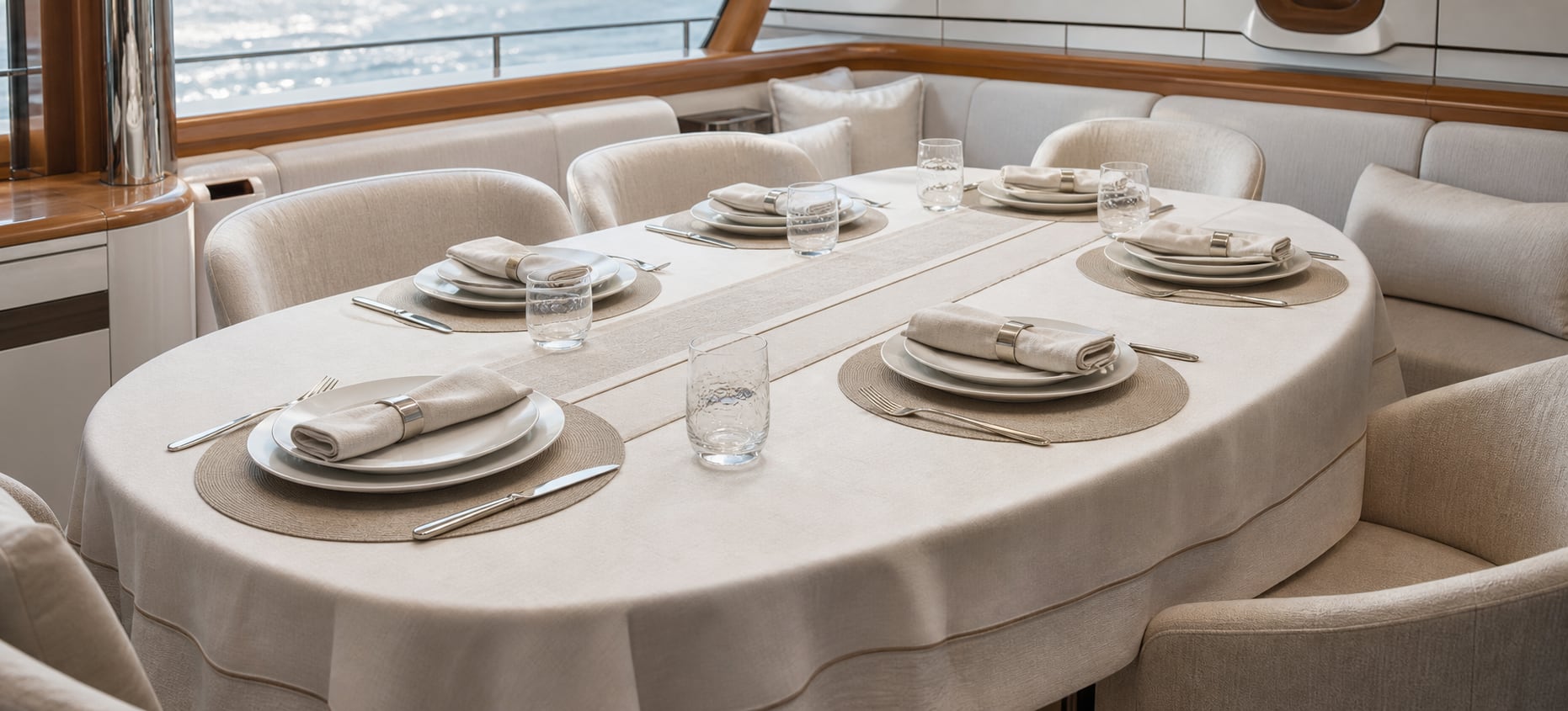 Onboard dining table prepared with yacht table linen and napkins.